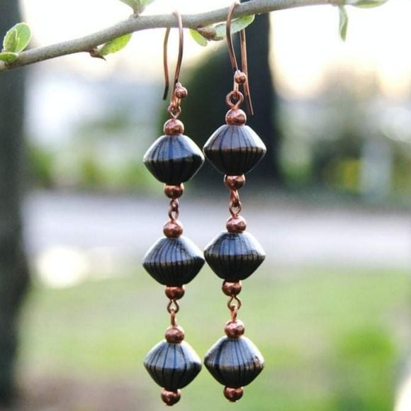 Handmade Striped Wooden Bead & Copper Dangle Earrings - Picture 1 of 5